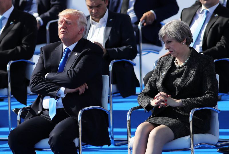 President Donald Trump and UK Prime Minister Theresa Mat at a NATO meeting on May 25, 2017.