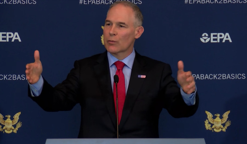 Scott Pruitt announcing a revision of fuel economy standards at the EPA in a week where ethics questions about his condo and hiring process continue to haunt him.