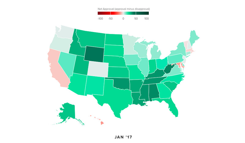 Trump’s net-approval rating by state in January 2017.